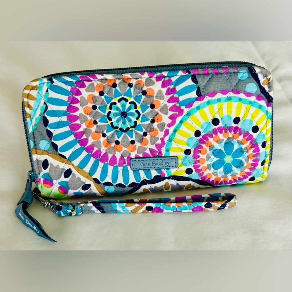 Vera Bradley Teal Pink Yellow Quilted Zip Wristlet